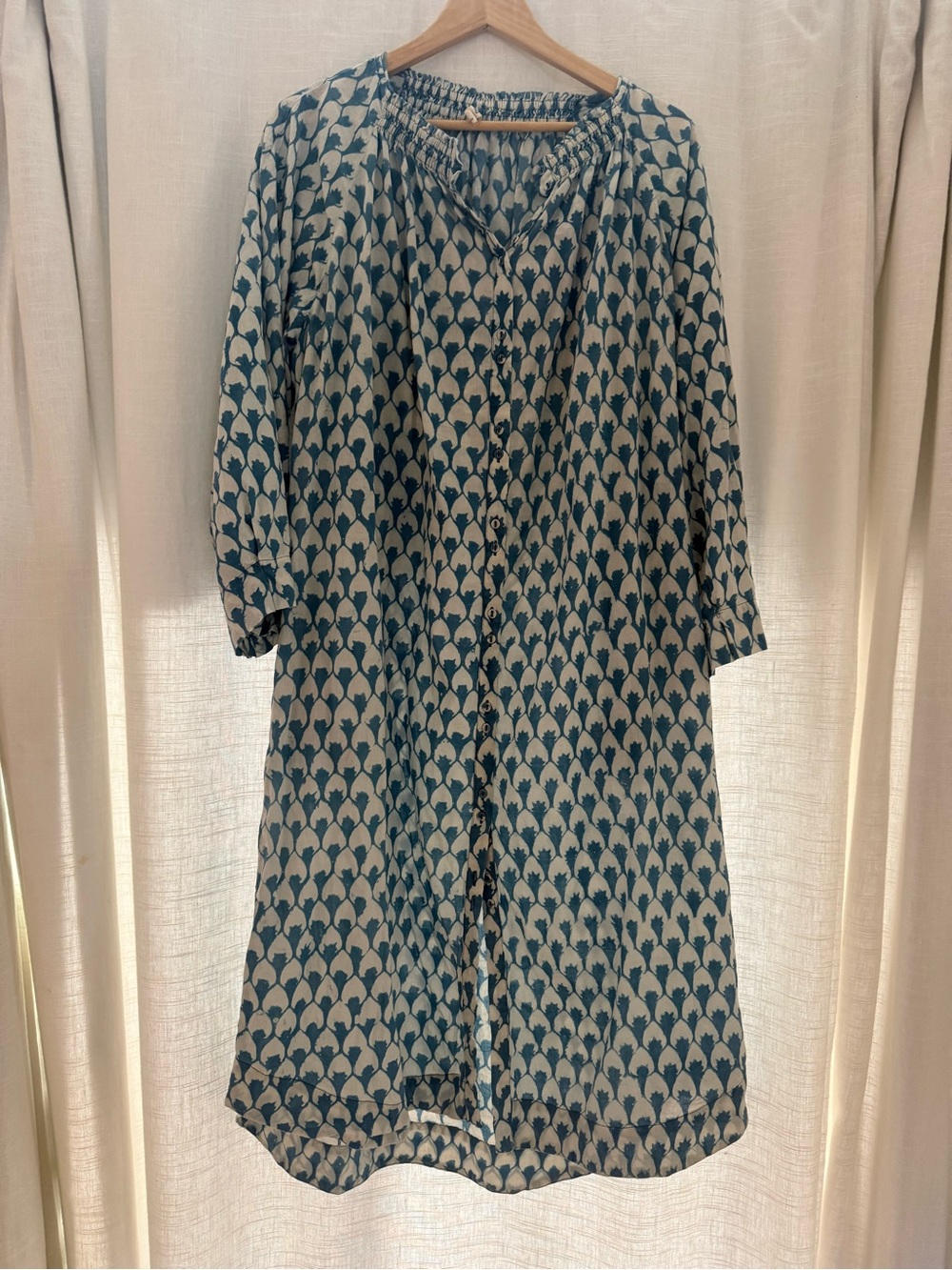 Mirth Blue & White Printed Midi Dress with Button Front